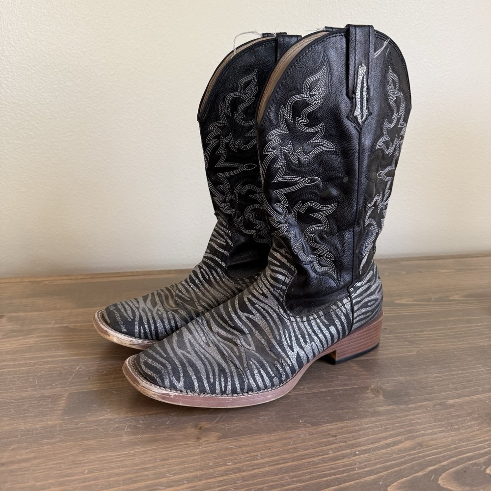 Roper Womens 8 Black Silver Western Boots Cowgirl Zebra Print